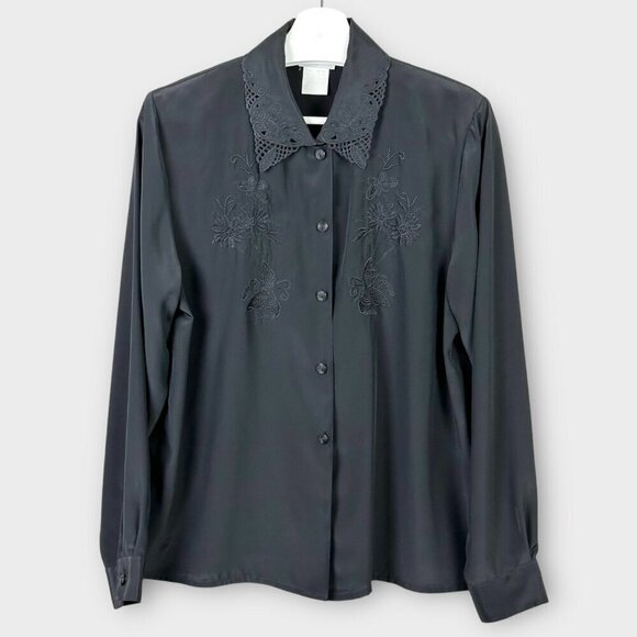 Vintage Lace Collar Embroidered Front Blouse Black - Picture 1 of 7